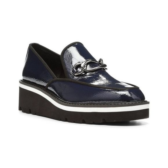 Sz 8.5 Donald J. Pliner Tabitha Wedge Chain Glossy Patent Leather Loafers